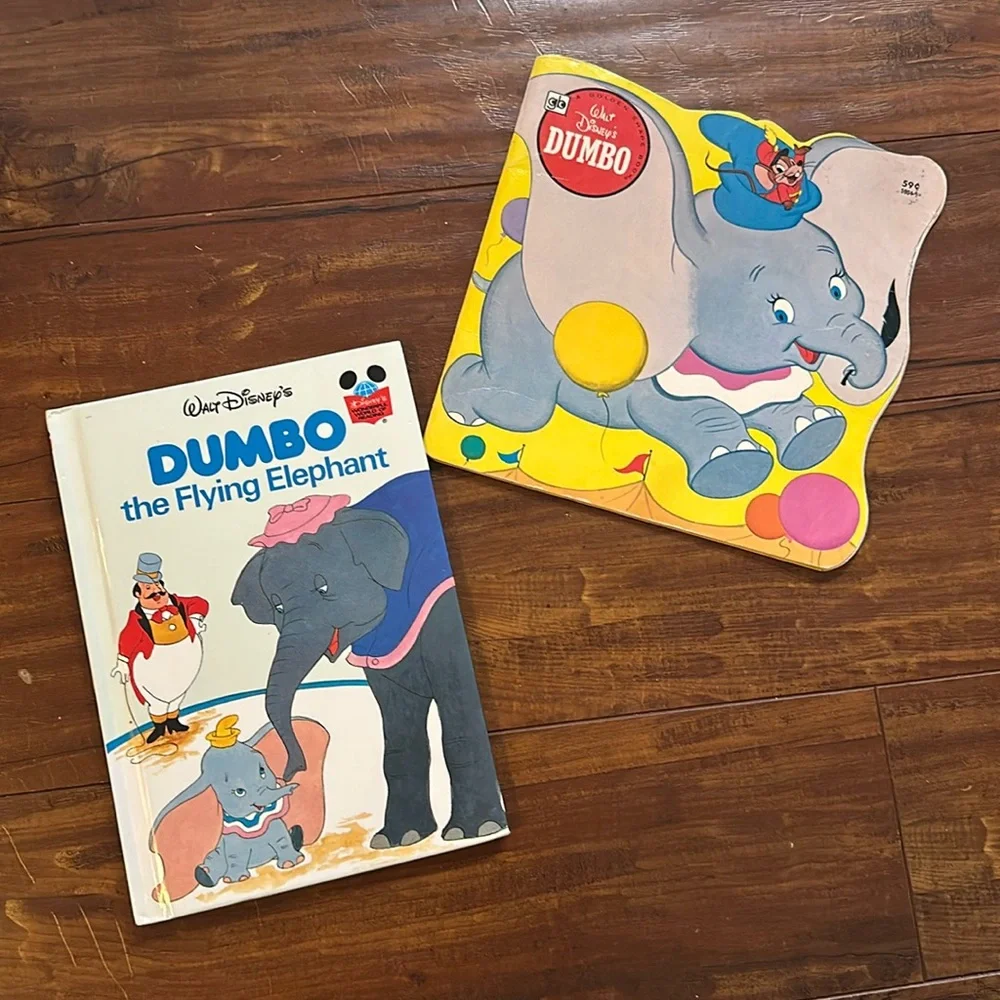 Vintage Disney Dumbo Book Lot 1970s Golden Super Shape Wonderful World Reading